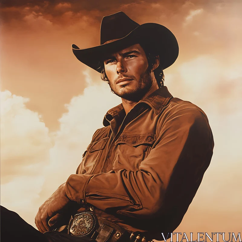 Western Cowboy in Sunset Background AI Image