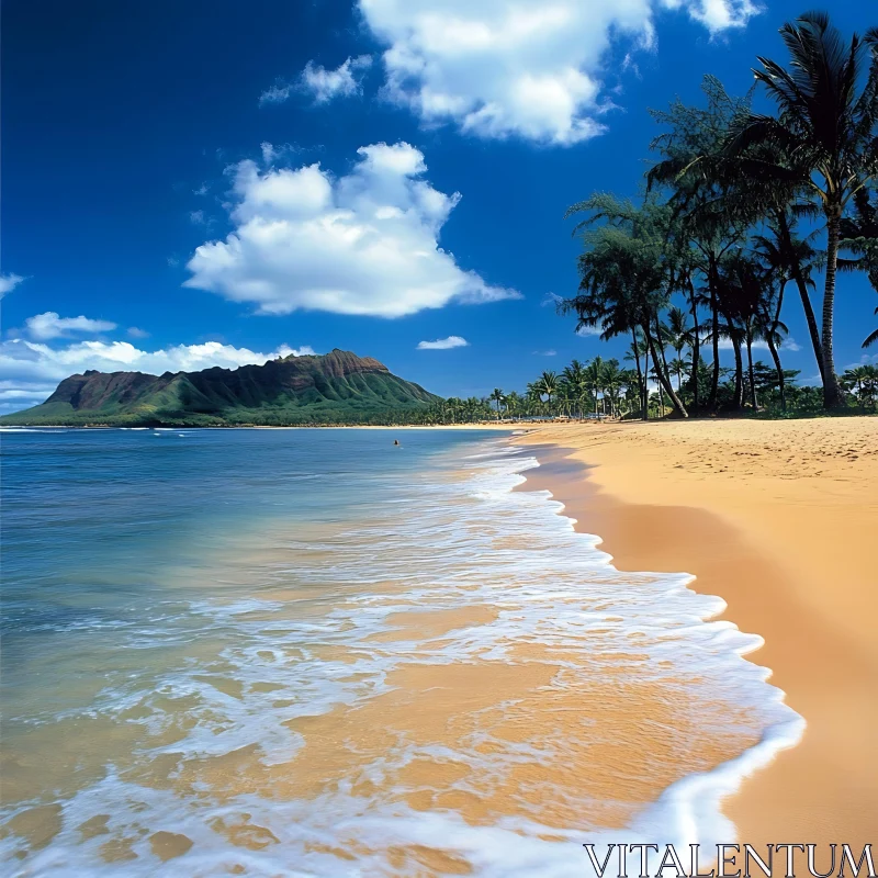 Tranquil Beach Scene with Palm Trees and Mountains AI Image