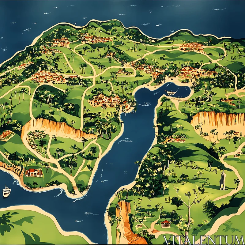 Illustrated Island Map Featuring Greenery and Water AI Image