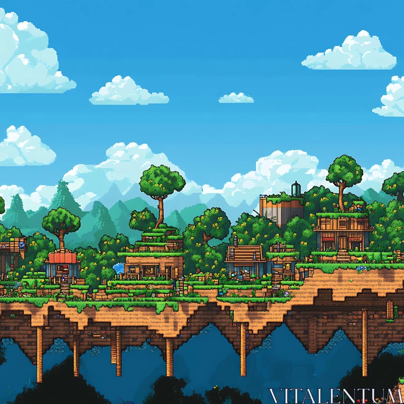 Whimsical Pixel Art Village on a Floating Island AI Image