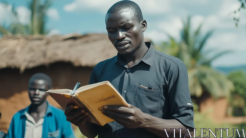 Focused Man Reading Outdoors in a Village AI Image