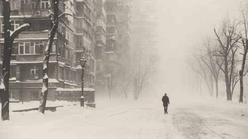 Winter Foggy Cityscape with Single Person