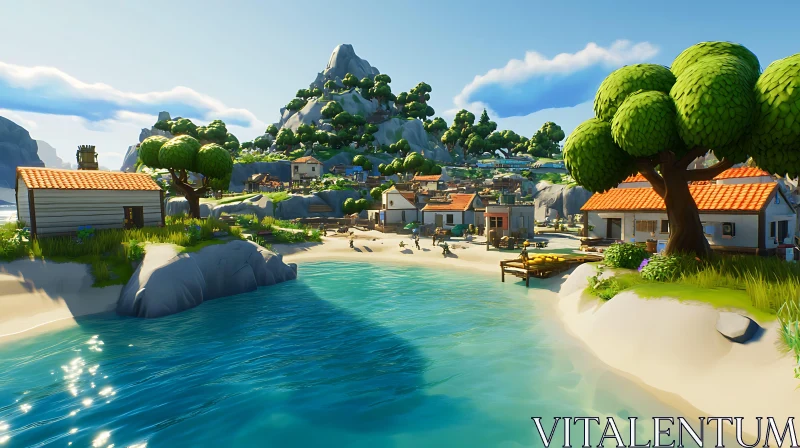 Sunny Island Village with Mountains and Sea AI Image