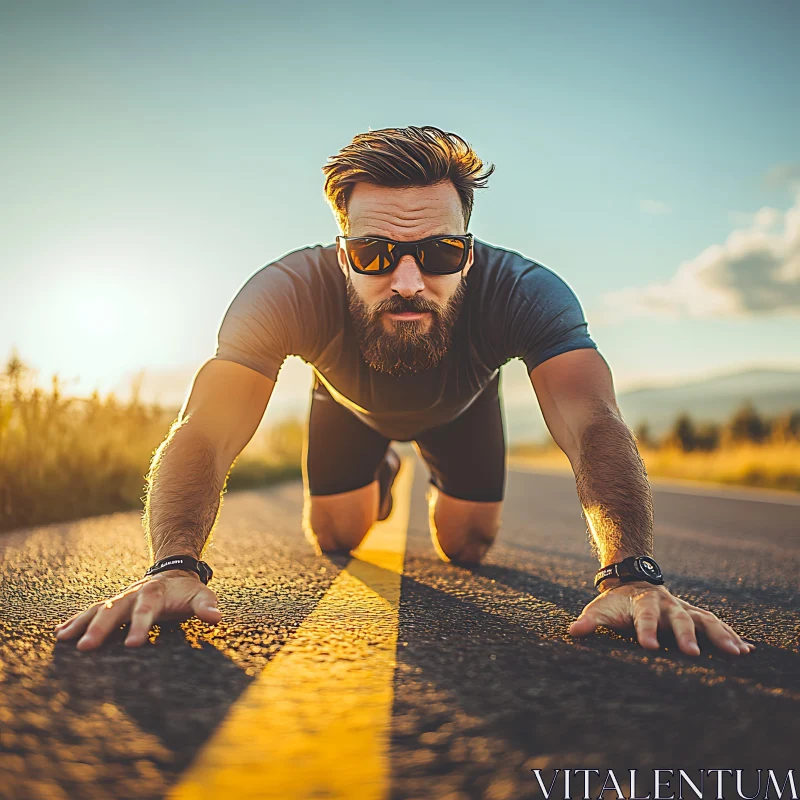 Athletic Man Ready to Run at Sunset