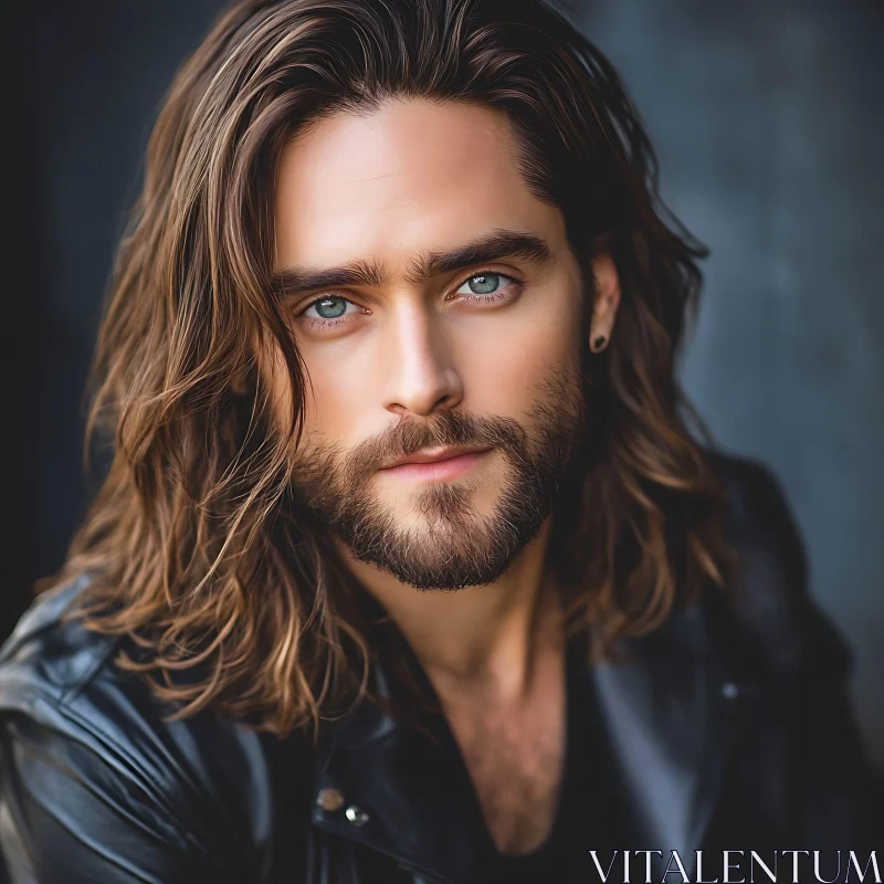 Serene Man with Long Hair and Leather Jacket