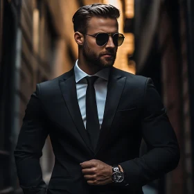 Elegant Man in Black Suit in City Setting