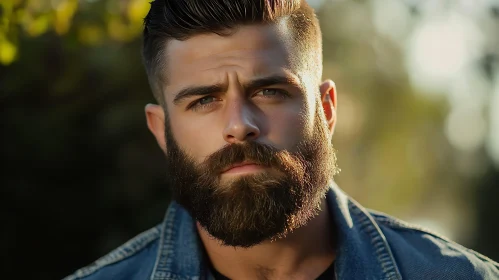 Close-Up of Bearded Man in Denim Jacket
