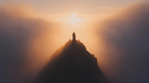 Enigmatic Figure on Mountain at Sunset