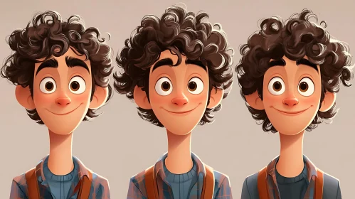 Cartoon Trio with Curly Hair and Backpacks