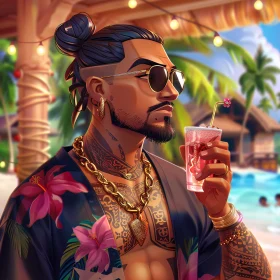Stylish Beach Vibe with Tattooed Man