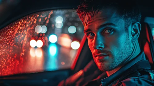 Man in Car at Night with Rain and Urban Bokeh