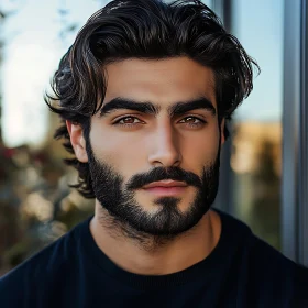 Focused Gaze of a Bearded Man in Outdoor Setting