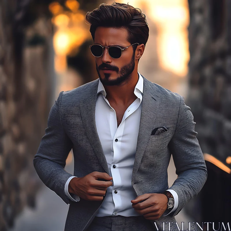 Stylish Man in Urban Setting Wearing Gray Suit AI Image