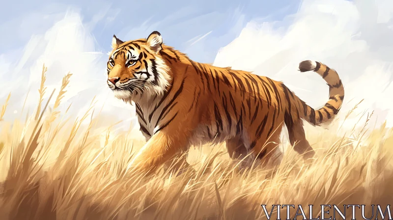 Tiger in Sunlit Grassland AI Image