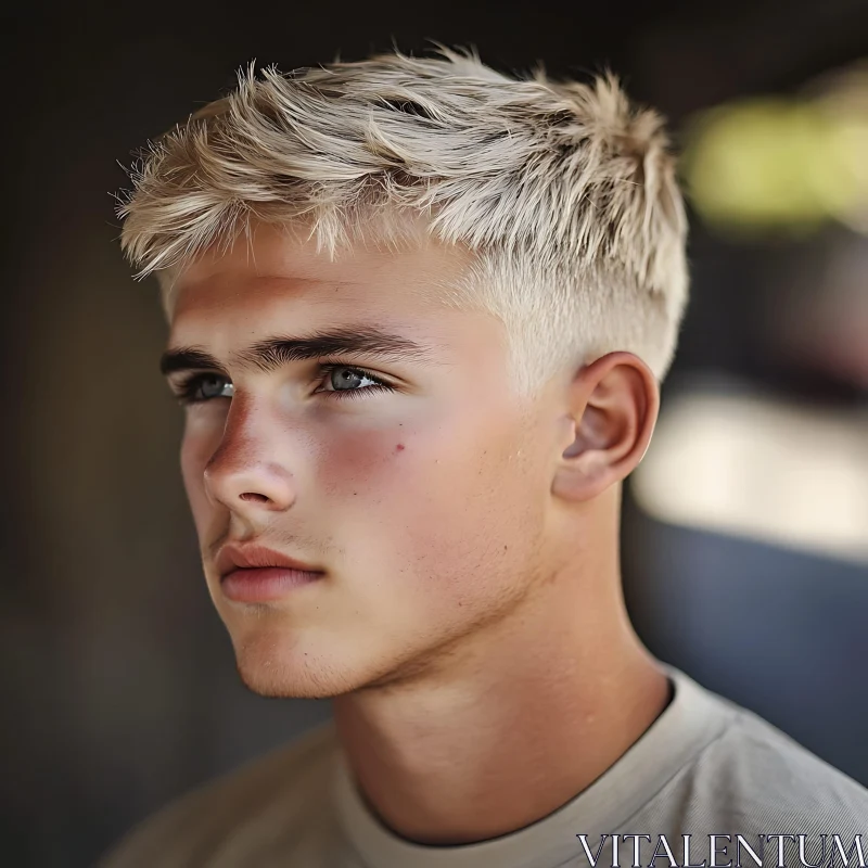 Thoughtful Young Man with Blond Hair AI Image