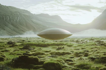 UFO in a Misty Mountain Field