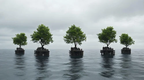 Tranquil Floating Tree Islands in Overcast Weather