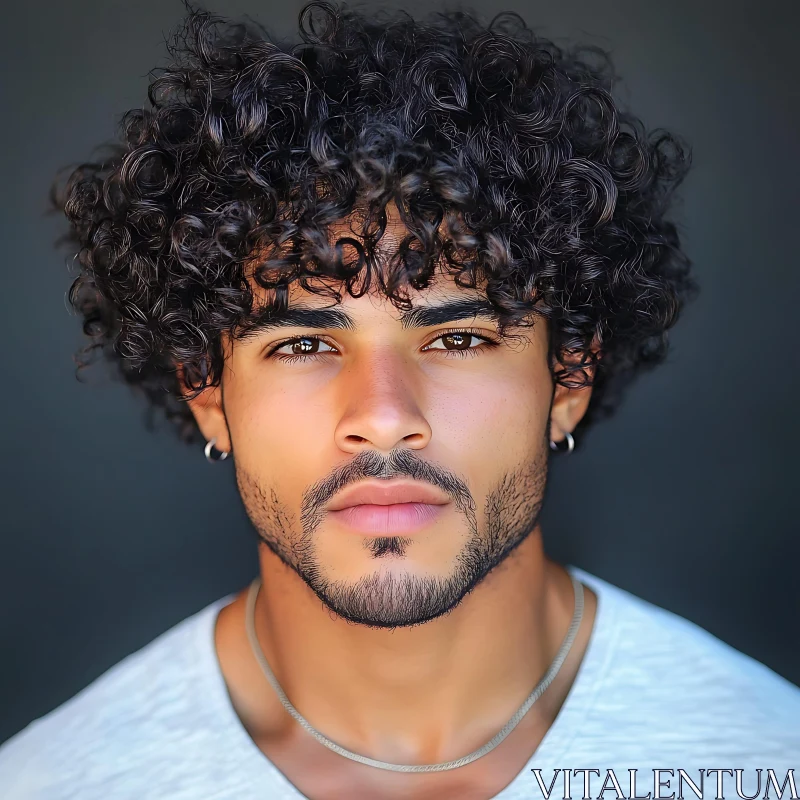 Intense Close-Up Portrait of a Curly Haired Man AI Image