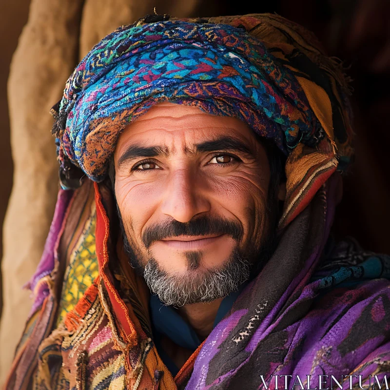 Smiling Man with Intricate Headscarf AI Image