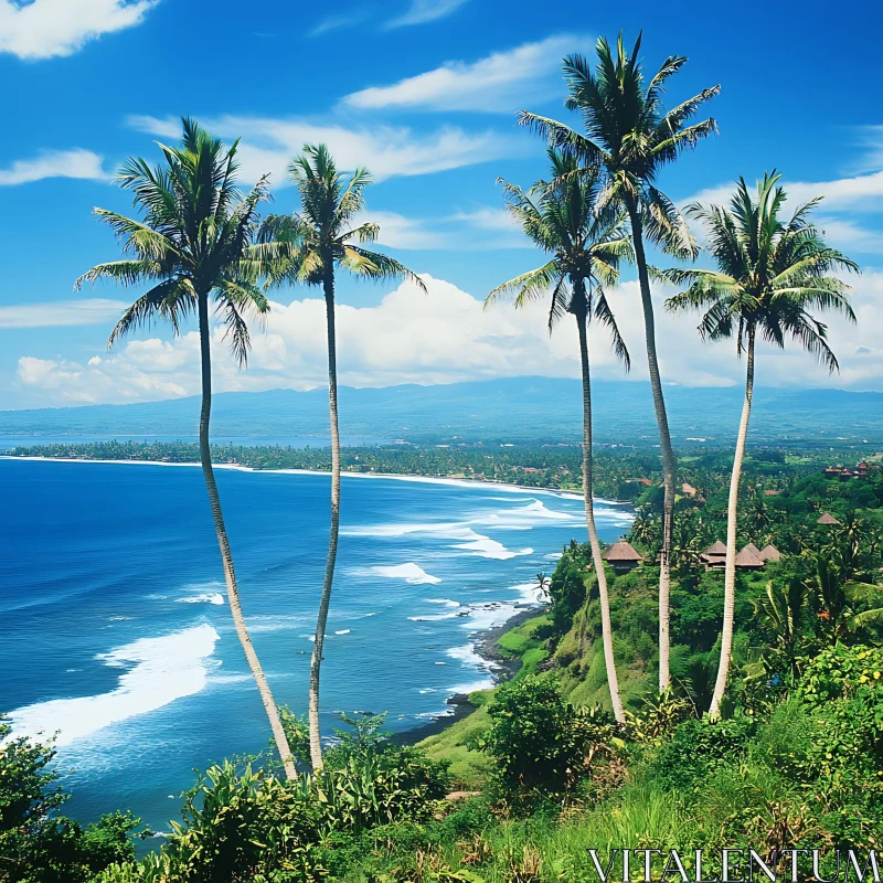 Idyllic Beach Scene with Palms and Ocean Waves AI Image