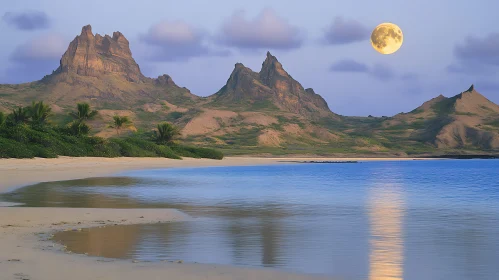 Twilight Beach with Full Moon and Serene Landscape