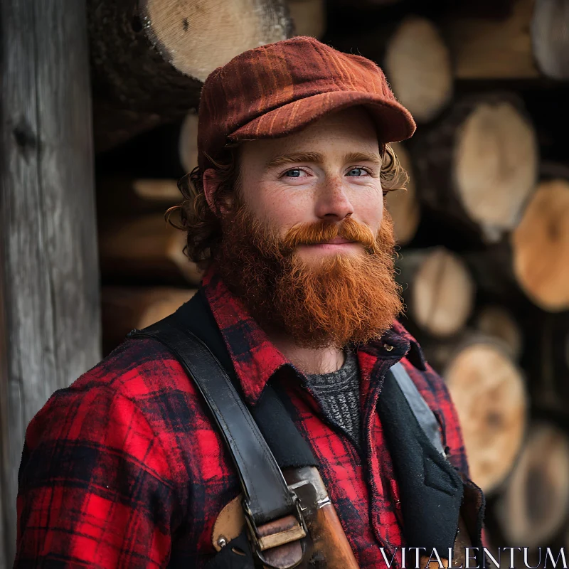 Lumberjack with Red Beard and Logs Background AI Image