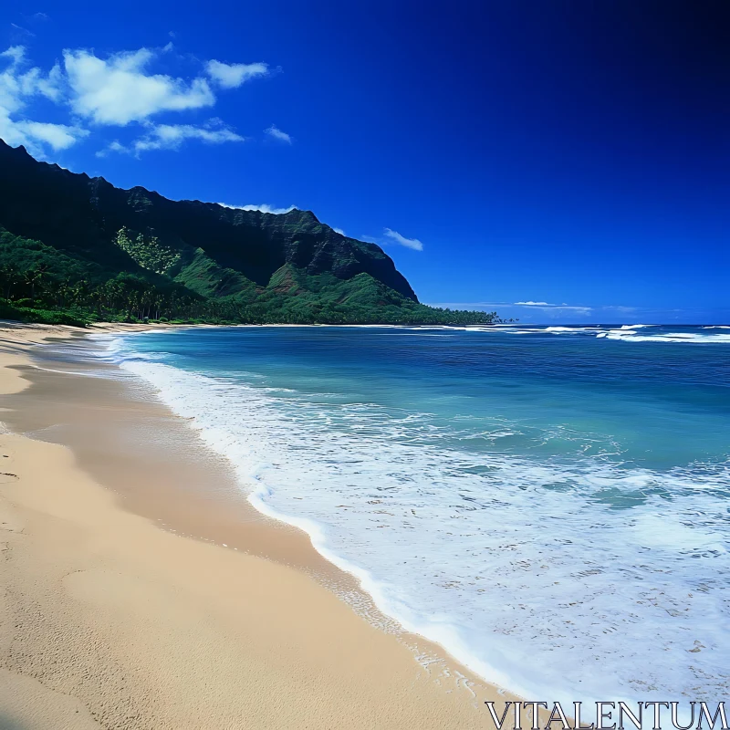 Scenic Beachside View with Lush Green Mountains AI Image