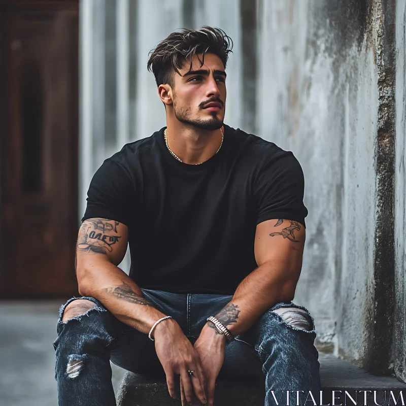 Thoughtful Man with Tattoos in Casual Wear AI Image