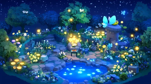 Magical Garden Night Scene with Illuminated Pool