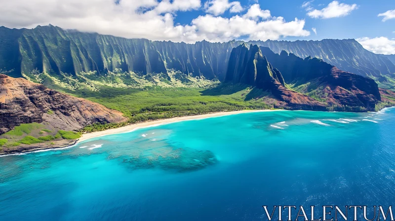 Scenic Island Landscape with Pristine Beach and Majestic Cliffs AI Image