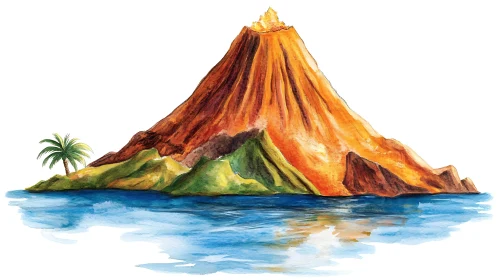 Island Volcano Watercolor Art