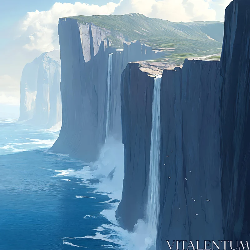 Towering Cliffs with Waterfalls in a Coastal Landscape AI Image