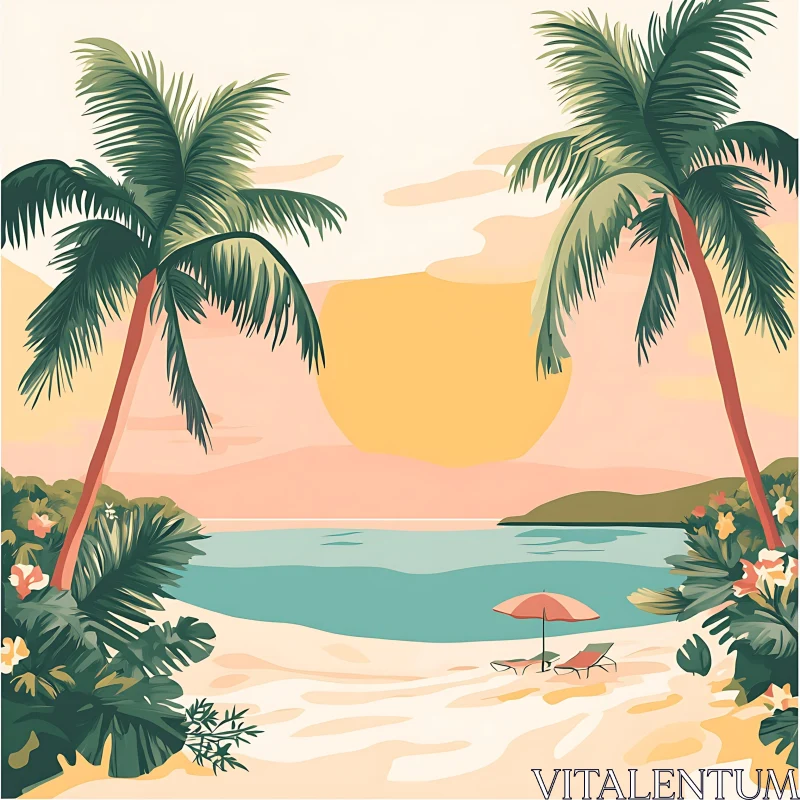 Sunset Beach Scene with Palm Trees and Ocean AI Image