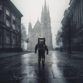 Desolate Street with Astronaut and Cathedral