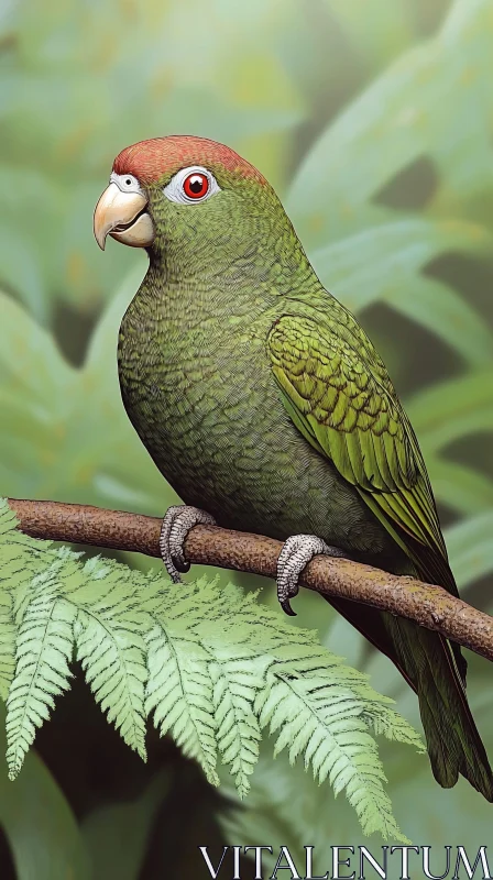 Green Avian Amidst Forest Ferns AI Image