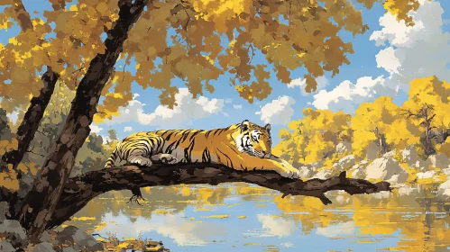 Tiger Relaxing on Tree Branch in Picturesque Setting