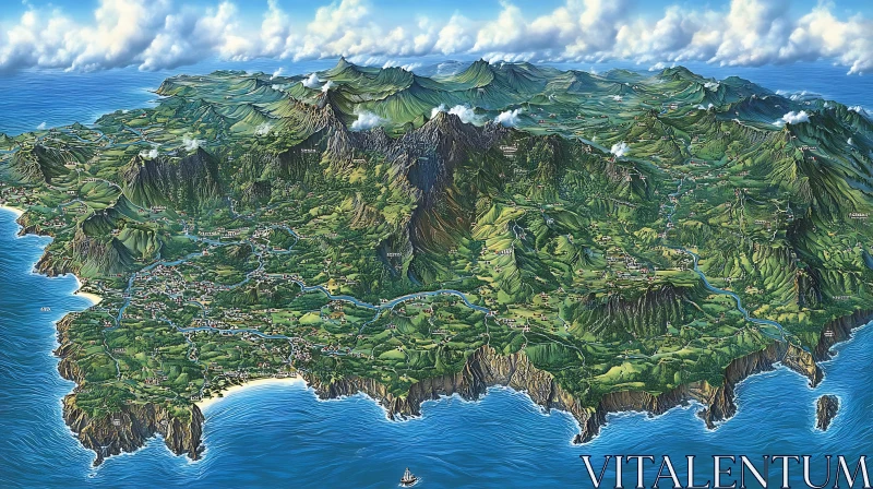 Map of a Lush Island with Villages and Mountains AI Image