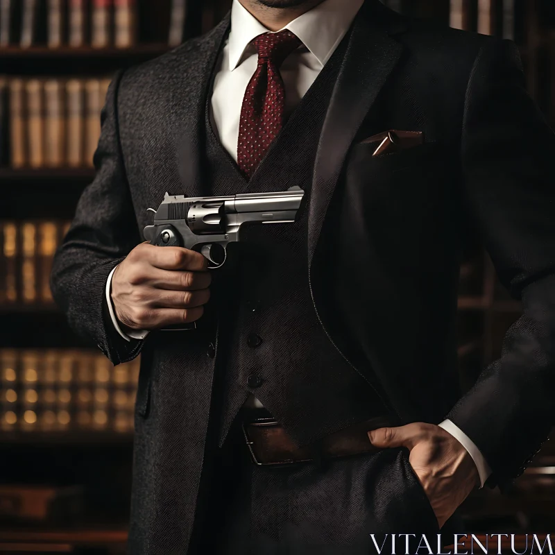 Sophisticated Man with Revolver in Library AI Image