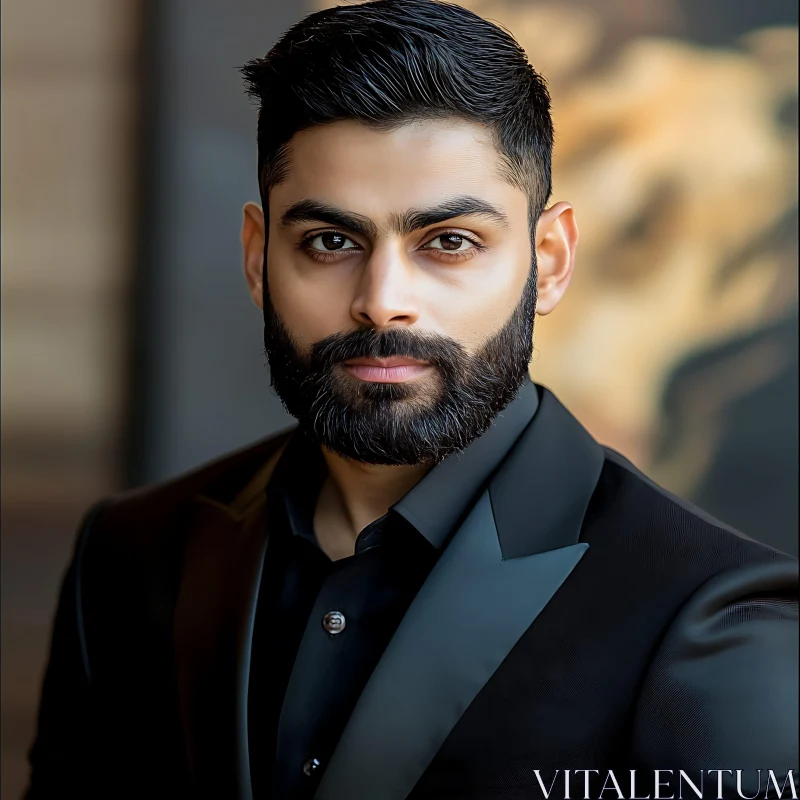 Formal Portrait of a Bearded Man in a Black Suit AI Image