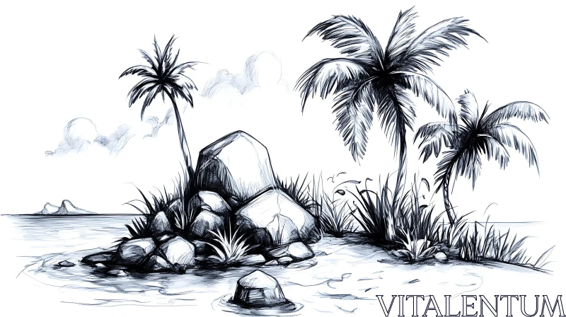 Coastal Island Sketch with Palm Trees and Rocks AI Image