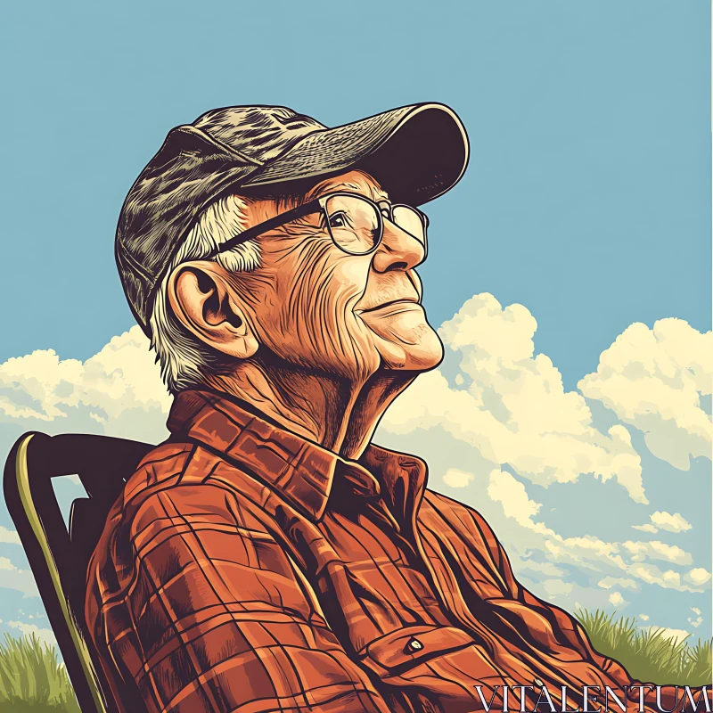 Illustration of a Content Elderly Man Against a Sky Background AI Image