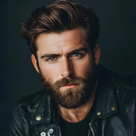 Rugged Man with Intense Blue Eyes and Leather Jacket