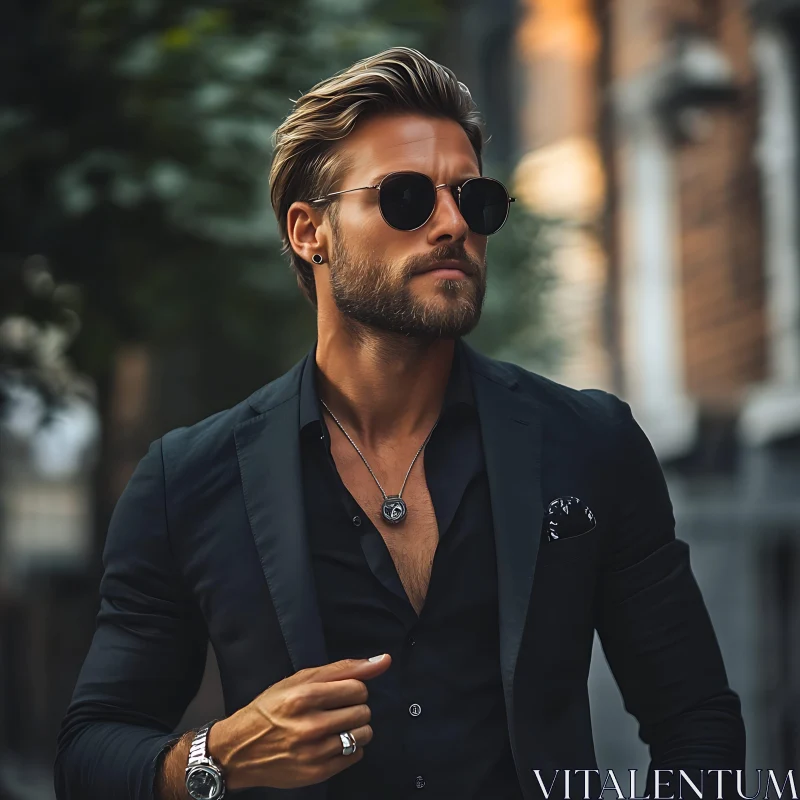 Fashionable Man with Sunglasses in Cityscape AI Image