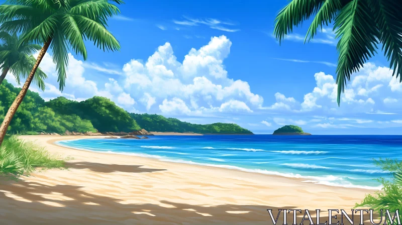 Scenic Tropical Beach with Lush Palm Trees and Blue Ocean AI Image