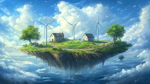 Floating Island with Windmills and a House