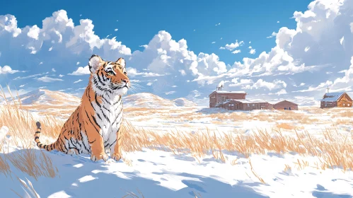 Tiger in Snow with Cabins