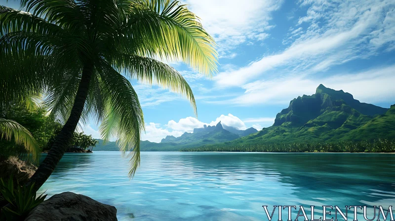 Tranquil Island Landscape with Palm and Mountains AI Image