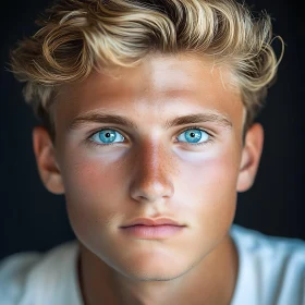 Young Man with Piercing Blue Eyes and Curly Blond Hair