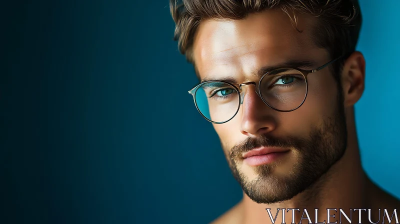 Portrait of a Man with Round Glasses and Blue Eyes AI Image