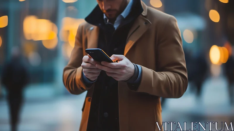 Man Engaged with Smartphone at Night in City AI Image